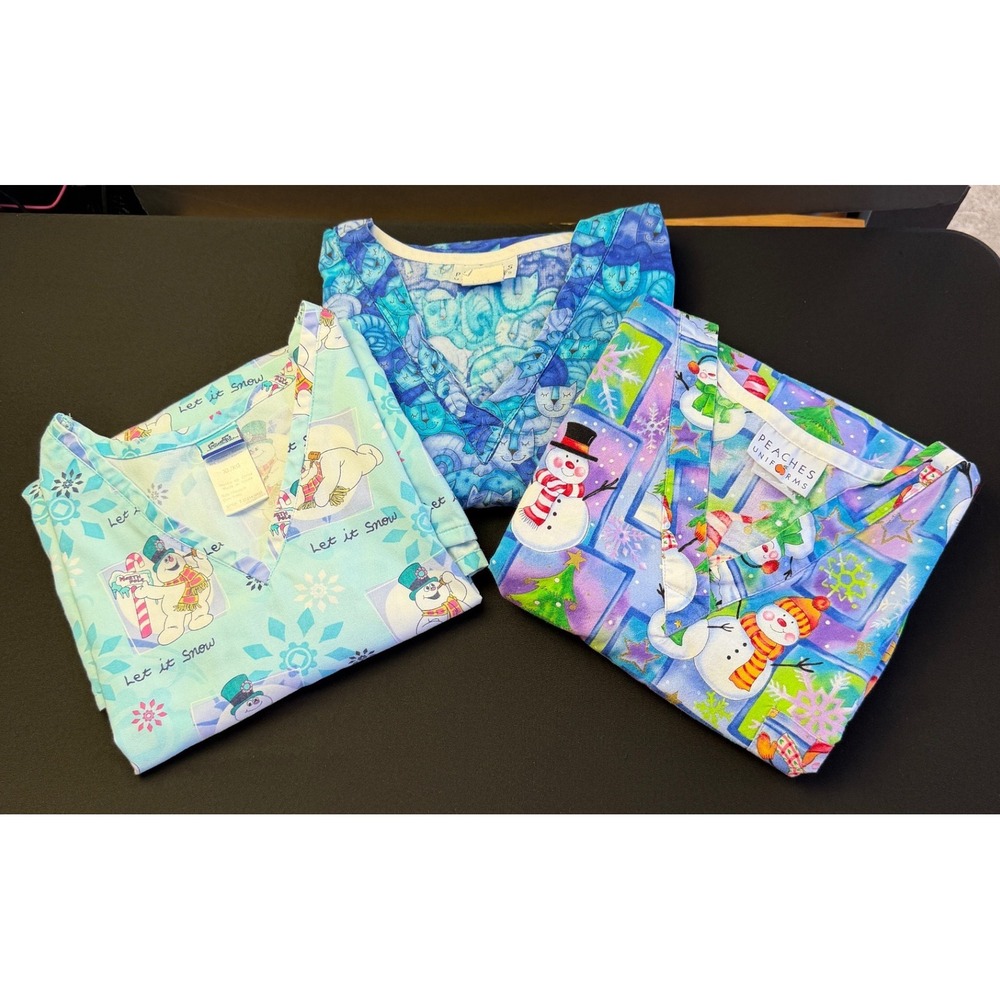3 Scrub Tops XL Frosty Snowman Cats Turquoise Blue Christmas Holiday Nurse VNeck
